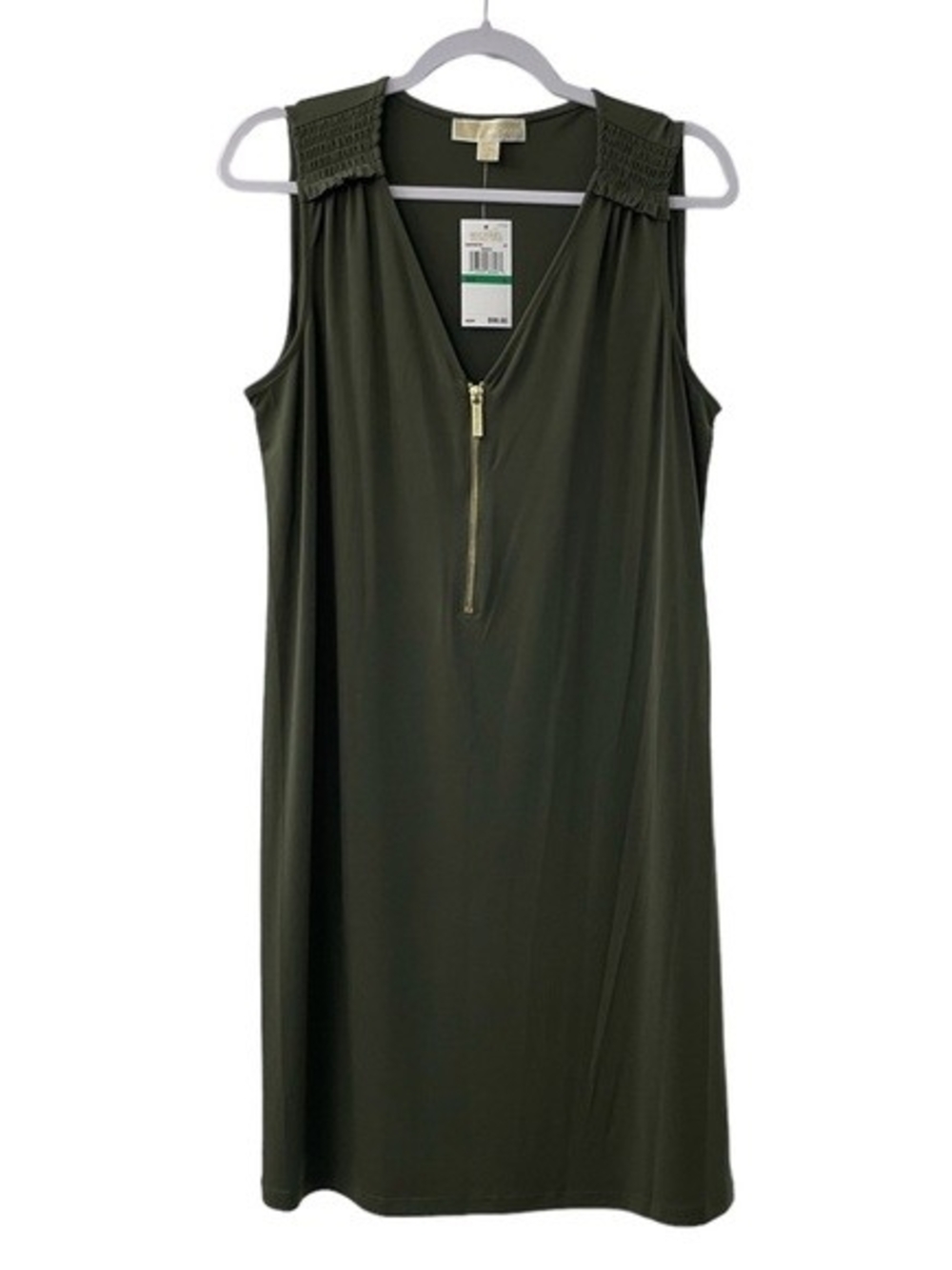 Michael Kors Olive Green Sleeveless V-Neck Zip-Front Midi Dress
